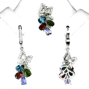 Topaz Tourmaline Tanzanite Garnet Set 925 Silver. Pendant + Chain, Earrings - Picture 1 of 1