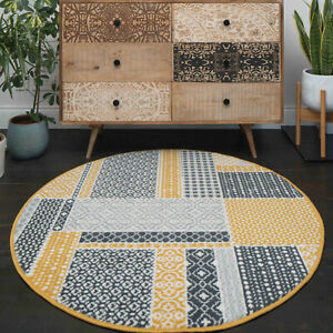 Circle Round Table Rug Mat Gold Mustard Yellow Ochre Patchwork Traditional Mats