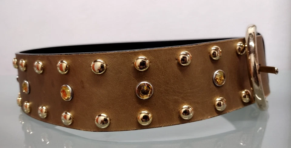 Leatherock Belt Studded Rhinestone Deadstock 1990s Rocker 32 M Bronze Gold - Image 1 of 4
