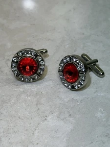 Pair of Silver Tone and Red Ruby Gem Colored Men’s Round Cufflinks - Picture 1 of 6