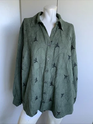 Lemon Grass vegan suede Woman 2XL green long sleeve button-up shirt blouse - Image 1 of 4