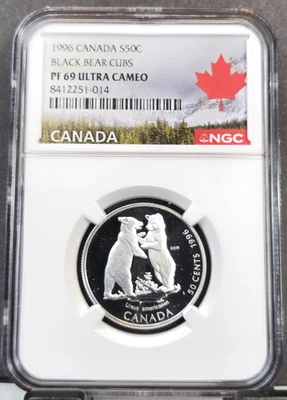 1998 CANADA SILVER 50 CENTS BLACK BEAR CUBS NGC PF 69 ULTRA CAMEO RARE GEM PROOF - Image 1 of 3