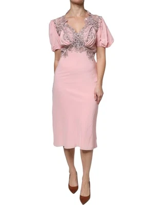 Ermanno Scervino Pink Floral Lace Short Sleeves V-neck Midi Women's Dress - Image 1 of 4
