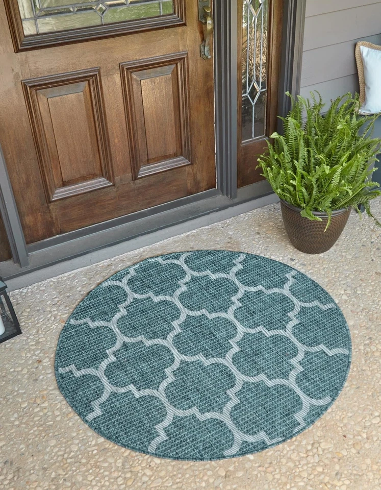 Unique Loom Outdoor Trellis Collection Area Rug (3' 3" Round, Teal/ Gray) - Image 1 of 4