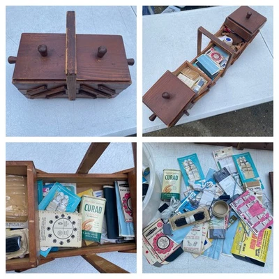 Vintage Wooden Accordion Sewing Box Organizer Notions Spools Buttons Supplies St - Image 1 of 4