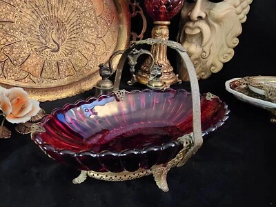 Vintage Oval Ruby Red Glass and Filagree Brass Brides Basket/Trinket Dish - Image 1 of 4