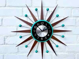 30"27" Turquoise Atomic Wall Clock Silver Starburst Clock George Nelson Style - Picture 1 of 9