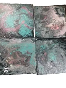 Fluid Art Flow Abstract Acrylic Pour Painting 4x4 Canves Coasters Set of 4 - Picture 1 of 11