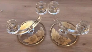 1930s VTG Paden City Pressed Glass Double Candle Holders Art Deco Gold Roses - Picture 1 of 2