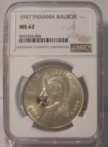 1947 PANAMA SILVER BALBOA NGC MS 62 TONED COIN CONQUISTADOR UNCIRCULATED  - Picture 1 of 4