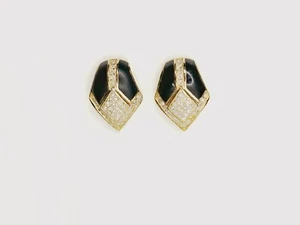 Dior Black Enamel And Crystal Clip-on Gold Tone Earrings - Picture 1 of 12