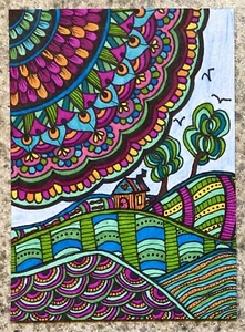 SEArts New Day Joy ACEO ORIGINAL Vivid Sun Hills Haus Bäume Zentangle - Bild 1 von 4