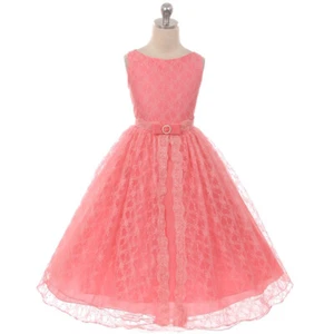 CORAL Size 14 Soft Lace Bridesmaid Party Wedding Formal Recital Girl Dress - Picture 1 of 3