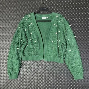 Vintage Mighty Fine Green Knit Pearl Embellished Cardigan Sweater Size L - Bild 1 von 6