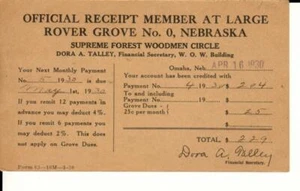 Supreme Forest Woodmen Circle 1930 Receipt member at Large Rover Grove, Nebrask - Picture 1 of 2