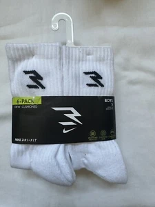 NIKE DRI-FIT BOY'S CREW CUSHIONED SOCK'S 6-PACK WHITE BLACK LOGO SZ S FREE SHIPP - Picture 1 of 5