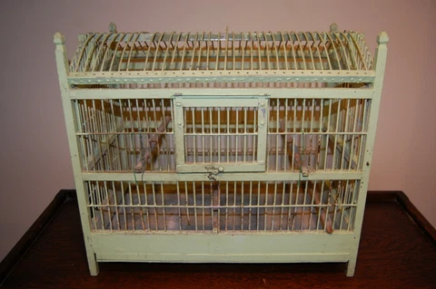 Vintage Wood (and Bamboo?) Green Painted Bird Cage 18-3/4 x 17 x 11 Cover