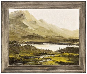 Dipinto olio originale Harold Lyon su tavola paesaggio fiume montagna firmato arte - Foto 1 di 5