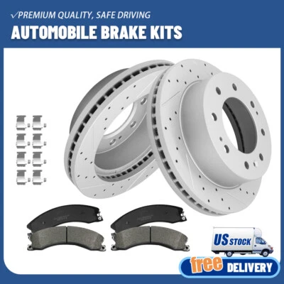 Front Drilled Rotors + Brake Pads For Chevy Silverado 2500 HD GMC Sierra 3500 HD - Image 1 of 4