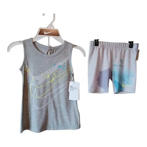 Nike Girls Tank Top & Bike Shorts Set-4-Gray-Tie Dye-Swoosh-Yellow-Blue-Purple - Picture 1 of 4