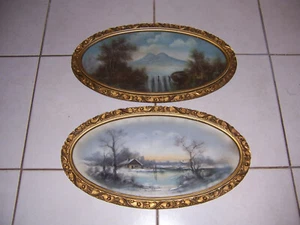 COPPIA ANTICHI DIPINTI COLORATI ARTE PASTELLO FIRMATI FRESCHI in CORNICI OVALI - Foto 1 di 5