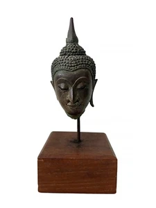 THAI BRONZE BUDDHA HEAD, AYUTTHAYA PERIOD, Dimensions: 5" With stand: 8 3/4" - Picture 1 of 6
