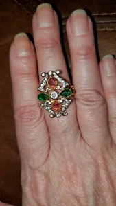 Size 8. NWT. Emerald and pink tanzenite coctail ring.. - Picture 1 of 2