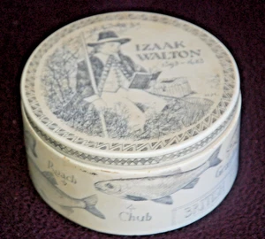 Faux Scrimshaw ~ Comoy's ~ Round Trinket Box w Lid ~ Izaak Walton, Naturalist - Picture 1 of 8