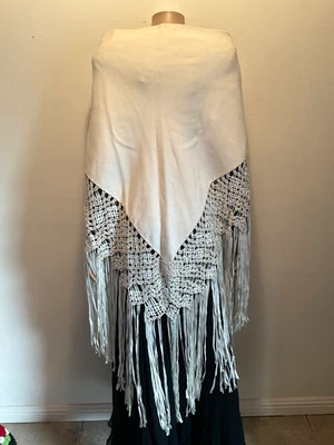 Vintage Creamy White Wool Crochet Silk Ribbon Fringe Shawl Wrap - Image 1 of 4