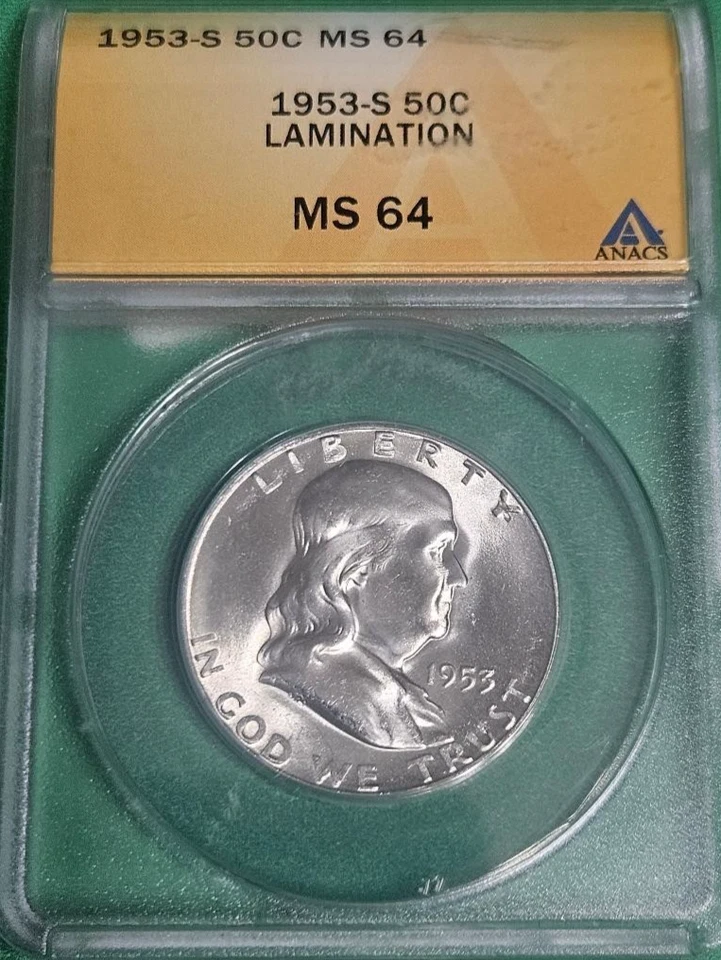 1953-S Franklin Half Dollar ANACS Certified MS64 Full Bell Lines US Coins 50c - Image 1 of 4