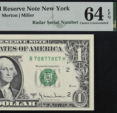 1977A $1 Federal Reserve Note PMG 64EPQ - Fancy Radar Serial Number 70877807 - Image 1 of 3