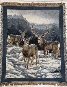 Vintage Millette Wandteppich Buck & Does Fransen Überwurf Decke Lodge Hütte 45”X56” - Bild 1 von 18