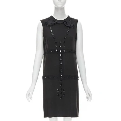 LANVIN 2004 Alber Elbaz brown wool black jewel embellished sheath dress FR38 S - Image 1 of 4
