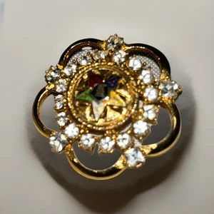 Freimaurer Orden Oststern Brosche Anstecknadel Strass goldfarben Vintage 1,5" - Bild 1 von 5