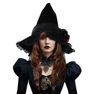 Chapéu bruxa JISEN Halloween feminino adulto preto gótico veludo bruxo...  - Imagem 1 de 4