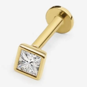 14k Solid Gold Square CZ Internally Threaded Labret Stud Earring, 18Gauge - Picture 1 of 6