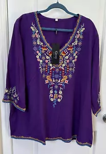 Grosy Floral Embroidered Top 3XL Purple Rayon 3/4 Sleeves Boho Festivalwear Fun - Picture 1 of 11