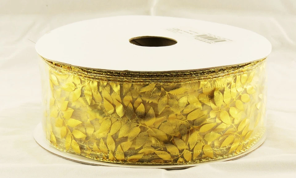 Gold Metallic Vine on Sheer Wide Wired Ribbon 50 Yards NEW leaf natural flower - Image 1 of 1