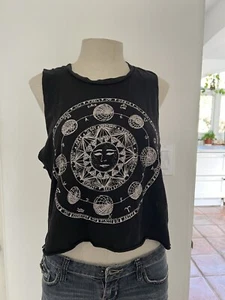 John Galt / Brandy Melville Black Astrology Cropped Sleeveless T Shirt, One Size - Picture 1 of 5