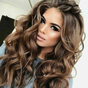 Women Long Curly Brown Wigs Wavy Human Hair Wig Natural Cosplay Party Full Wig⊹ - Picture 1 of 8