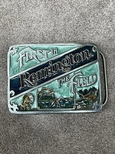 VINTAGE 1989 REMINGTON ENAMEL BELT BUCKLE FIRST IN FIELD TURKEYS DUCKS PHEASANT - Picture 1 of 10