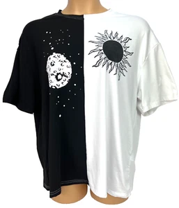 SHEIN Black/White Colorblock T-Shirt Celestial Sun Moon Size L Short Sleeves - Picture 1 of 12