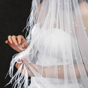 Cathedral Wedding Veil With Pearls And Feather Edge And A Comb 300cm In White - Picture 1 of 10