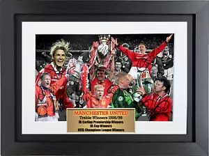 More details for manchester united treble mounted signed autograph presentation  inc free gift.