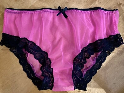 NEW Handmade soft sheer nylon tricot panties knickers pink with black lace sissy - Image 1 of 3
