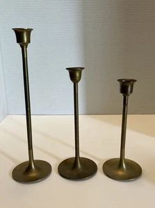 Set Of Three Vintage Brass Candlestick Holders 1970s Some Natural Aged Patina - Picture 1 of 7