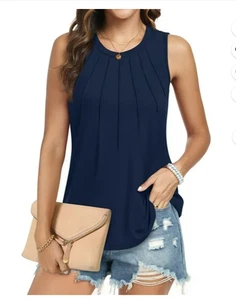 Camisetas sin mangas de verano para mujer plisadas cuello redondo sin mangas azul marino 3XL totalmente nuevas - Imagen 1 de 6