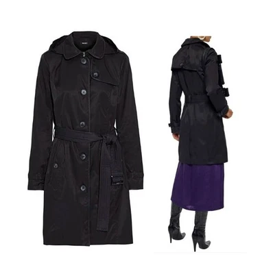 🤩Trinchera mujer DKNY S imitación cuero-recortado mezcla de algodón-sarga con capucha negra Foto 1 de 4