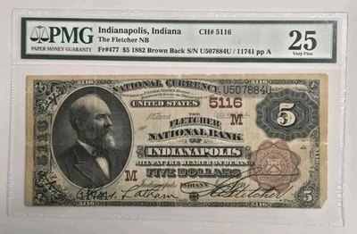 1882 Brown Back $5 Fletcher NB Indianapolis, IN Ch 5116 National Banknote PMG 25 - Image 1 of 4