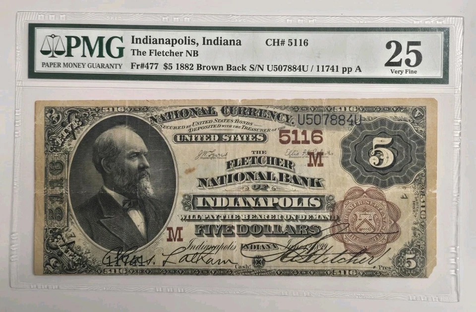 1882 Brown Back $5 Fletcher NB Indianapolis, IN Ch 5116 National Banknote PMG 25 - Image 1 of 4
